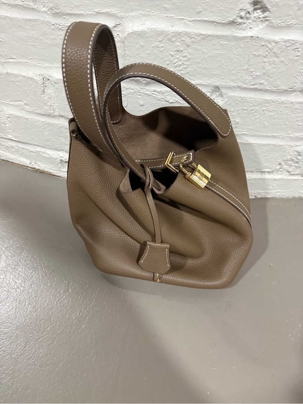 Pebbled Taupe Hobo Bag with Gold Padlock